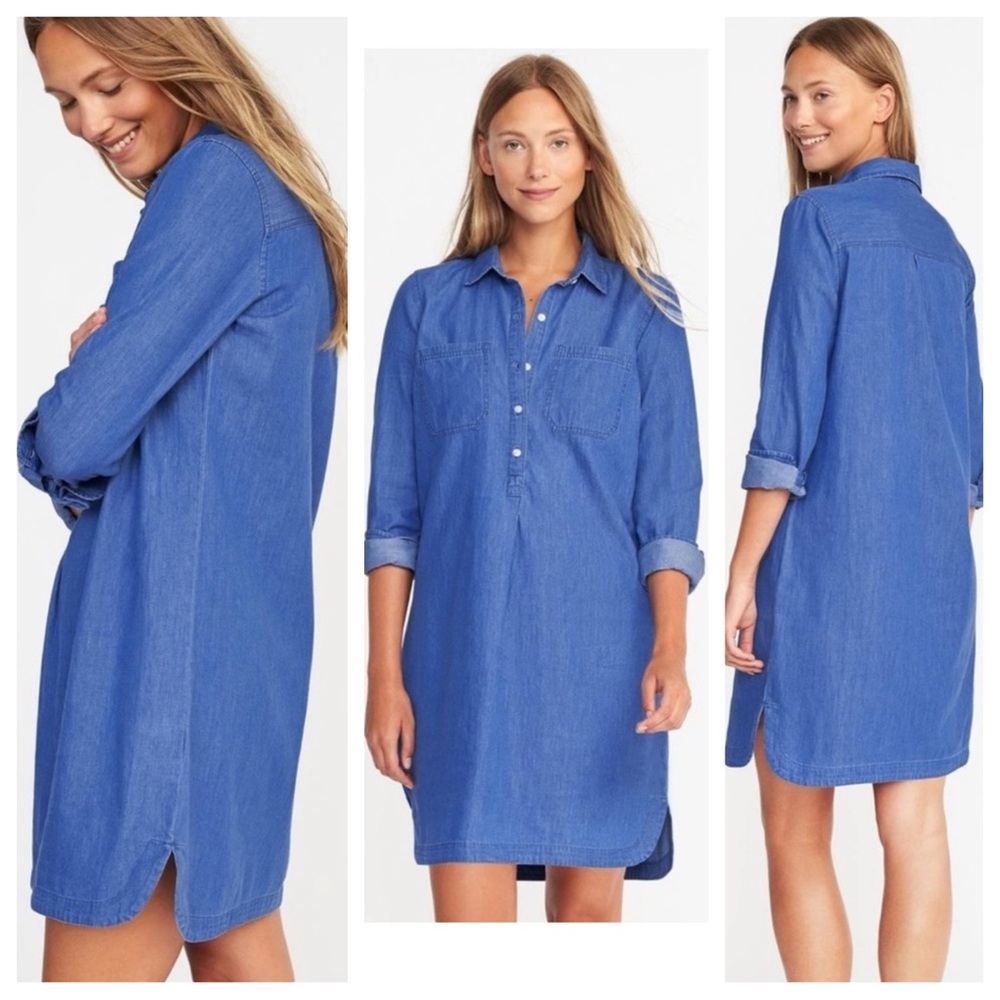 Old Navy Blue Chambray Shift Dress Long Sleeves L